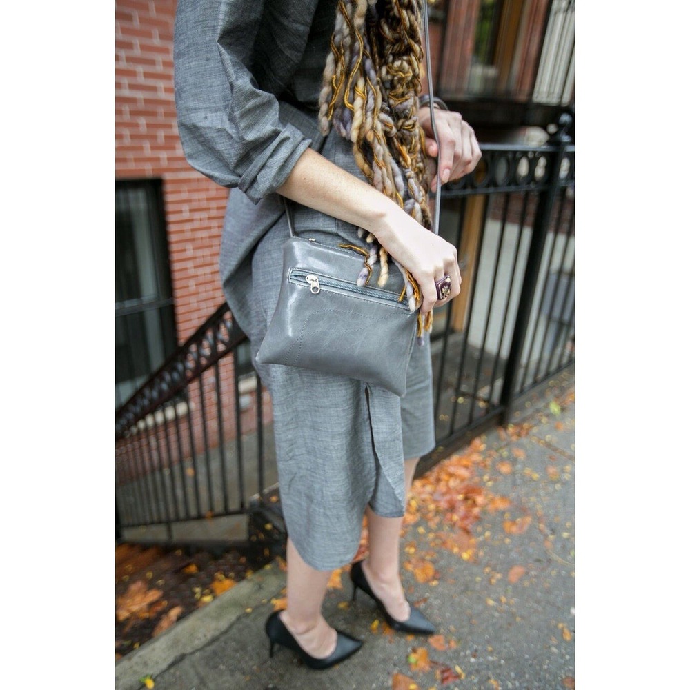 Crystalyn Kae Gray Vegan Leather Crossbody‎ Bag Floral Lining Minimalist Luxe - Picture 11 of 12
